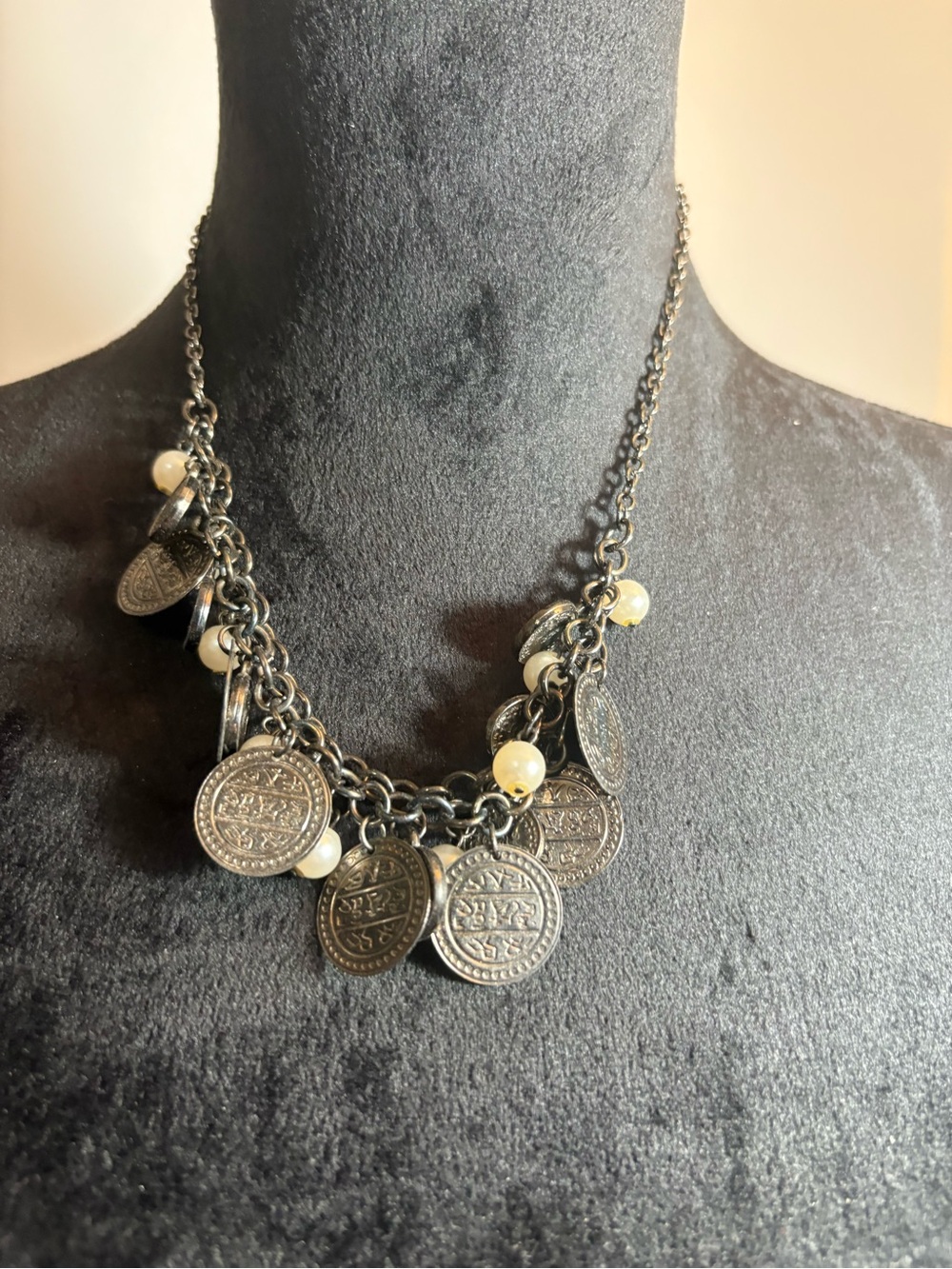 Vintage-Inspired Coin Charm Necklace in Silver with Pearlescent Accents